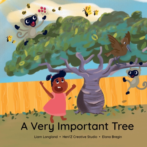 Illustration of a little girl standing protectively beside a tree as her brother looks on.