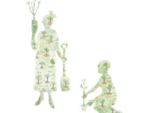 Illustration of Wangari Maathai planting a tree with children in a lush green field.