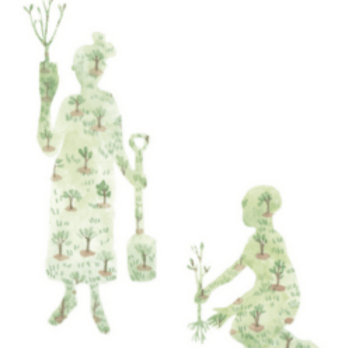 Illustration of Wangari Maathai planting a tree with children in a lush green field.