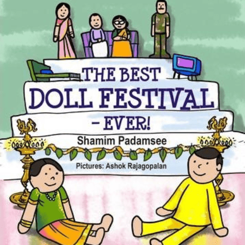 Two children joyfully arranging dolls for a Golu festival in a colorful living room.