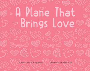 Child flying a paper airplane with hearts and peace signs