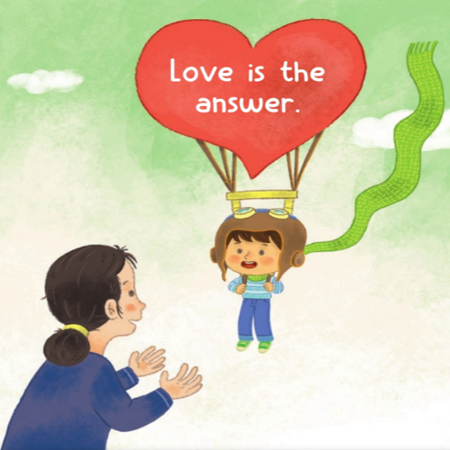 Child flying a paper airplane with hearts and peace signs