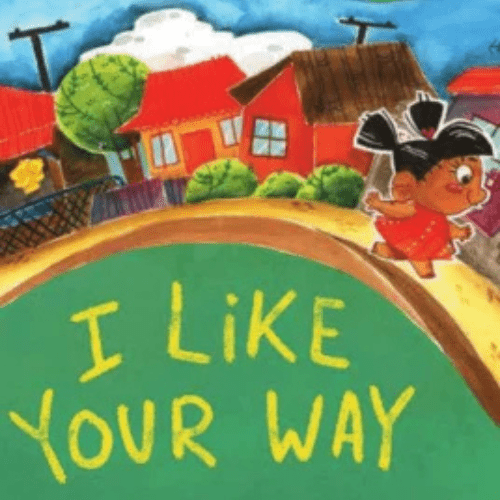 A smiling blind boy walking confidently near a satay stall