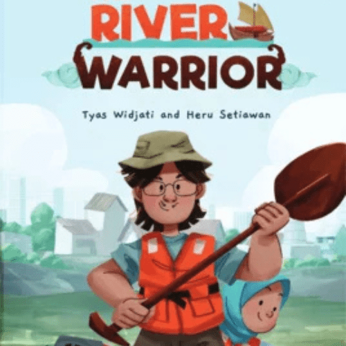 Illustration of Prigi standing near a polluted river with trash and factories behind him.