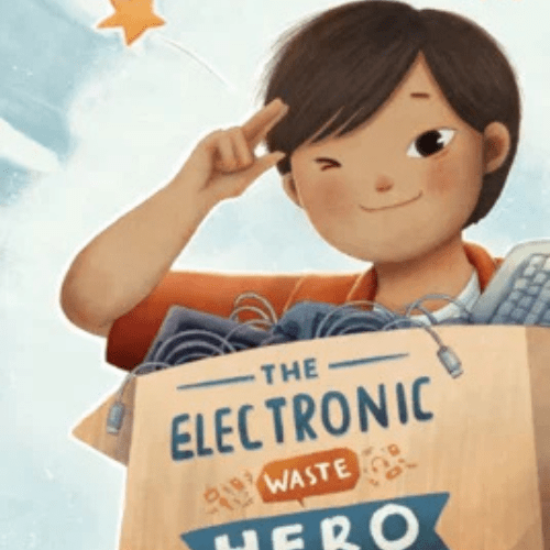 Illustration of RJ holding a repaired gadget surrounded by children collecting e-waste into a recycling bin.