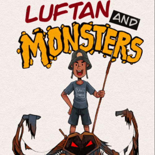 Illustration of Luftan leading a group of children to clean up trash with large trash monsters looming.