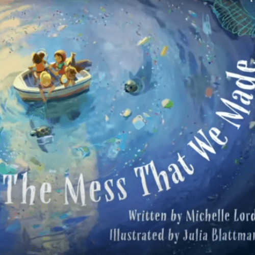 Illustration of ocean wildlife swimming among plastic debris, with children cleaning the beach.