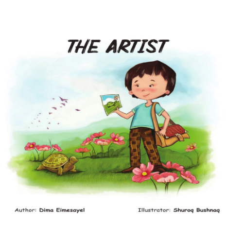 A refugee boy draws with a stick in the sand, his face focused, surrounded by birds and trees.