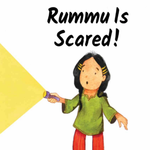 A young child looking nervously at a shadow while holding her toy