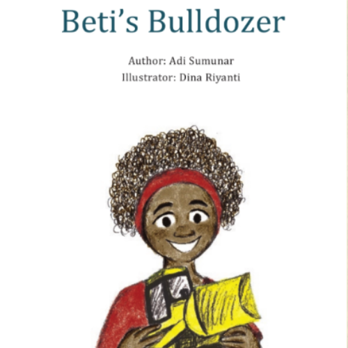 A young girl standing excitedly near a yellow bulldozer in a tropical village setting, holding a woven bag.